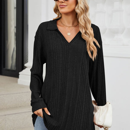 Slit Johnny Collar Long Sleeve T-Shirt