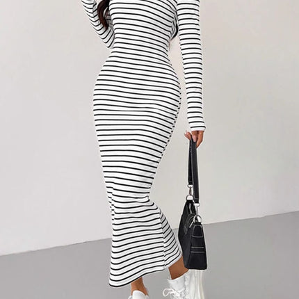 Striped Scoop Neck Long Sleeve Midi Tee Dress