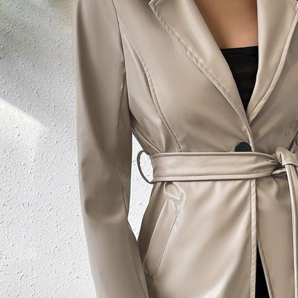 Tied PU Leather Long Sleeve Trench Coat