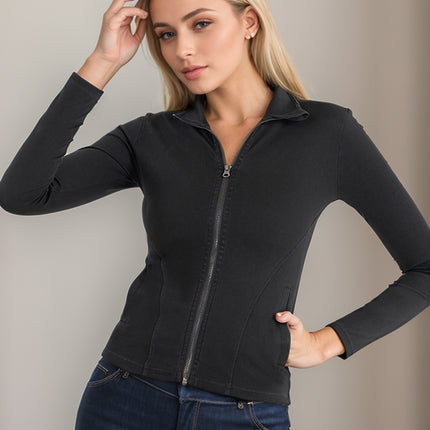 Basic Bae Pocketed Turtleneck Zip Up Denim Top