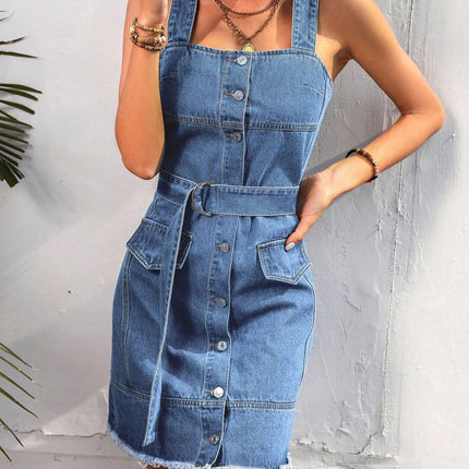 Button Up Raw Hem Denim Dress