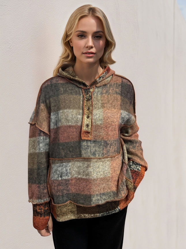 Double Take Full Size Plaid Dropped Shoulder Fleece Hoodie