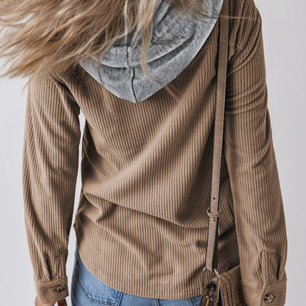 Drawstring Button Up Long Sleeve Hooded Jacket - Vickie Lynn's
