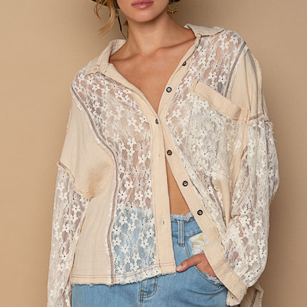 POL Oversize Lace Button-Down Shirt