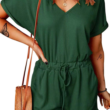 Full Size Drawstring V-Neck Short Sleeve Romper