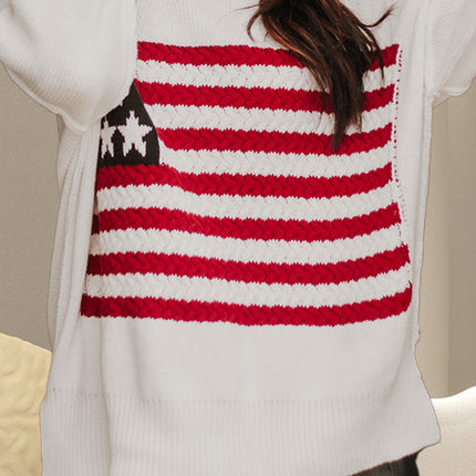 US Flag Round Neck Long Sleeve Knit Top