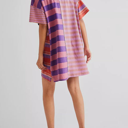 Exposed Seam Striped Half Sleeve Mini Dress