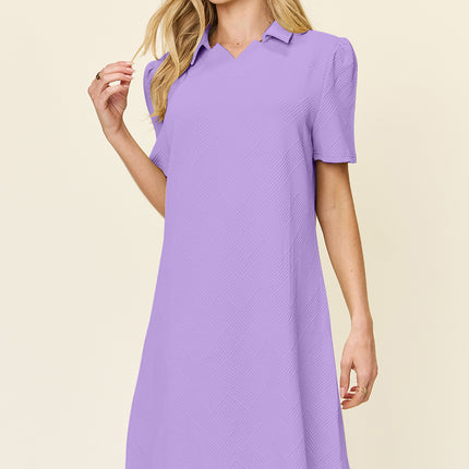 Double Take Full Size Texture Collared Neck Short Sleeve Dress