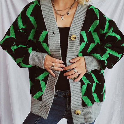 Contrast Trim Geometric V-Neck Long Sleeve Cardigan