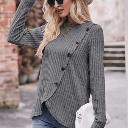 Double Take Ribbed Round Neck Buttoned Long Sleeve Tee