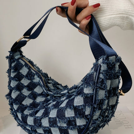 Raw Hem Checkered Denim Crossbody Bag