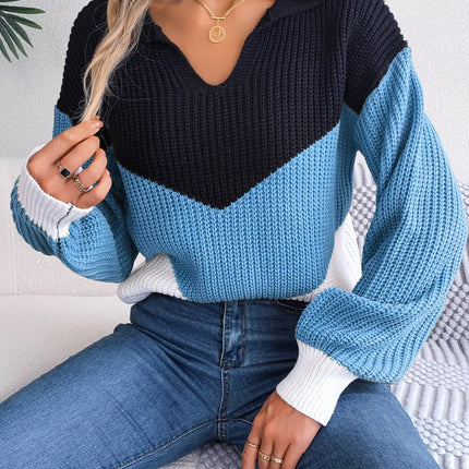 Autumn Winter Color Contrast Women's Sweater Casual Knitted Long Sleeve Top Fashion V-neck Pullovers Loose New In Knitwears 2023