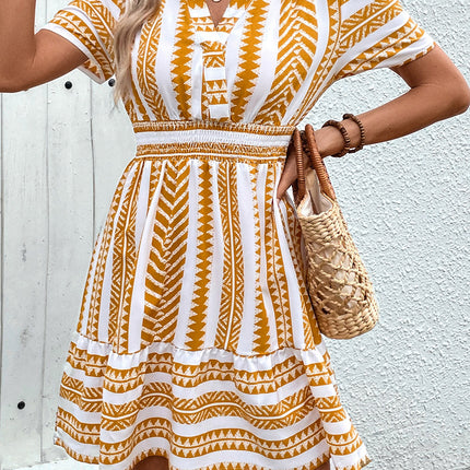 Geometric Notched Short Sleeve Mini Dress