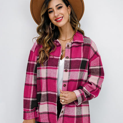Shiny Plaid Button Up Collared Neck Jacket