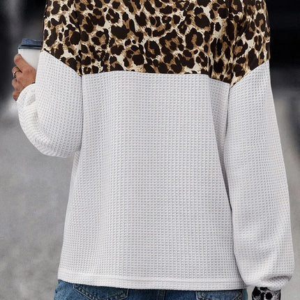 Waffle-Knit Leopard V-Neck Long Sleeve Blouse