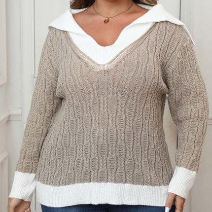 Plus Size Contrast Trim Collared Neck Sweater