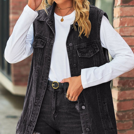 Collared Neck Sleeveless Denim Top with Pockets