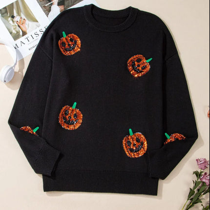 Plus Size Sequin Pumpkin Round Neck Sweater