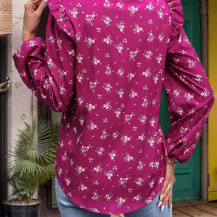 Ruffled Printed Notched Long Sleeve Blouse
