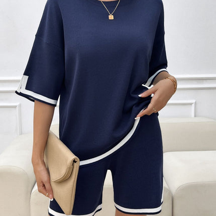 Contrast Trim Round Neck Top and Shorts Set