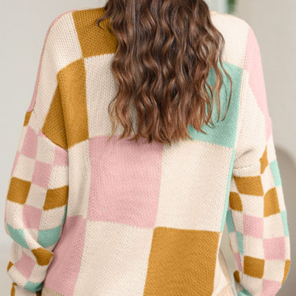 Checkered Round Neck Drop Shoulder Sweater