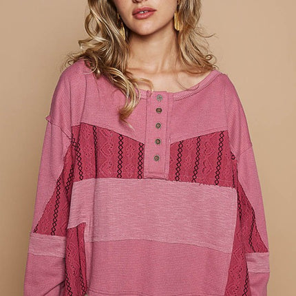 POL Half Button Color Block Drop Shoulder Knit Top