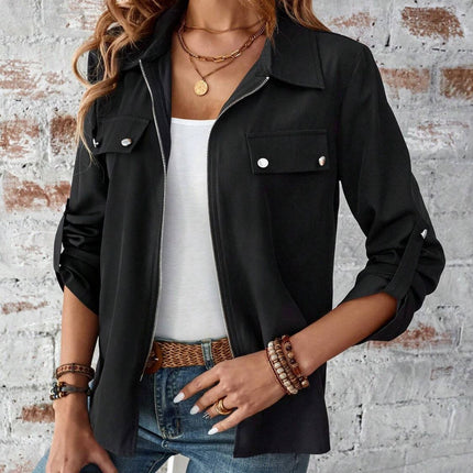 Zip Up Collared Neck Roll-Tab Sleeve Jacket