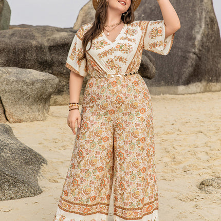 Plus Size V-Neck Flutter Sleeve Wide Leg Jumpsuit