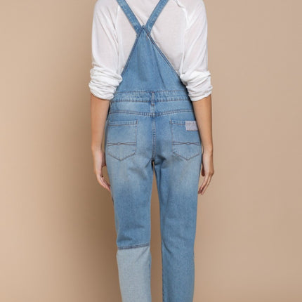 POL Front Chest Zipper Slim Leg Denim Overalls