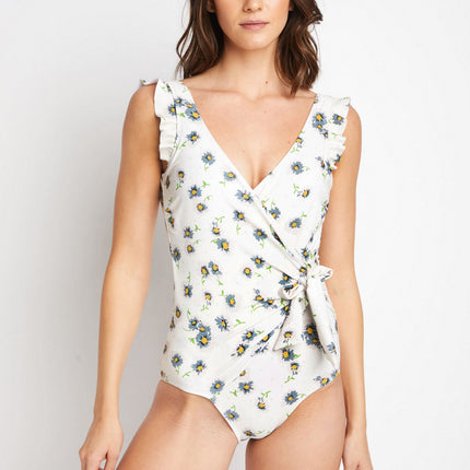 Marina West Swim Float On Ruffle Faux Wrap One-Piece in Daisy Cream