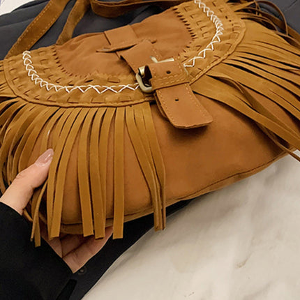 Suede Fringe Wide Strap Shoulder Bag