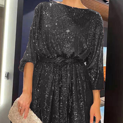 Sequin Tie Waist Long Sleeve Mini Dress