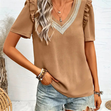 Ruffled V-Neck Short Sleeve Blouse