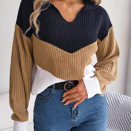 Autumn Winter Color Contrast Women's Sweater Casual Knitted Long Sleeve Top Fashion V-neck Pullovers Loose New In Knitwears 2023