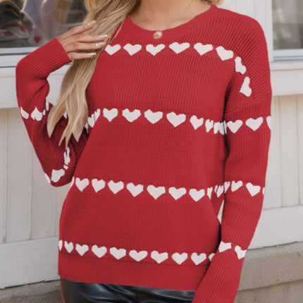 Heart Round Neck Long Sleeve Sweater