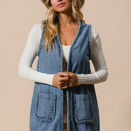 BiBi Braided Trim Open Front Denim Vest with Pockets