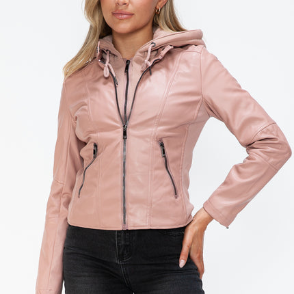 Snobbish Faux Leather Zip Up Drawstring Hooded Jacket