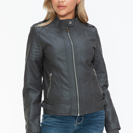 Snobbish PU Leather Biker Jacket with Side Zip Pockets