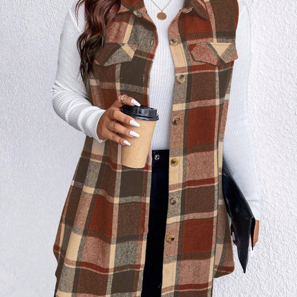 Honey Plus Size Pocketed Plaid Button Up Vest Coat - Vickie Lynn's