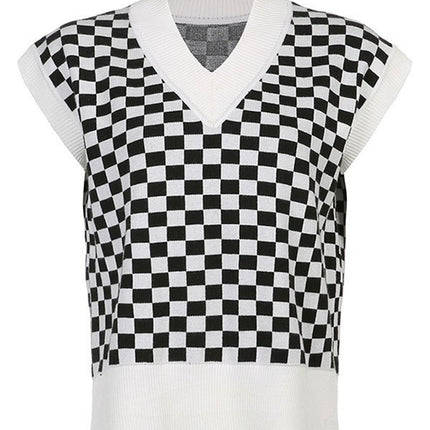 Full Size Checkered V-Neck Cap Sleeve Sweater