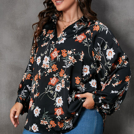 Plus Size Printed Johnny Collar Long Sleeve Blouse