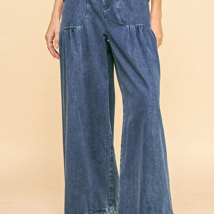 Davi & Dani Drawstring Hem Wide Leg Mid Rise Jeans