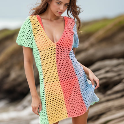 Openwork Color Block V-Neck Short Sleeve Cover-Up