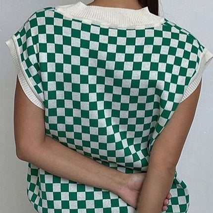 Full Size Checkered V-Neck Cap Sleeve Sweater