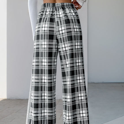 Perfee Drawstring Plaid Wide Leg Pants