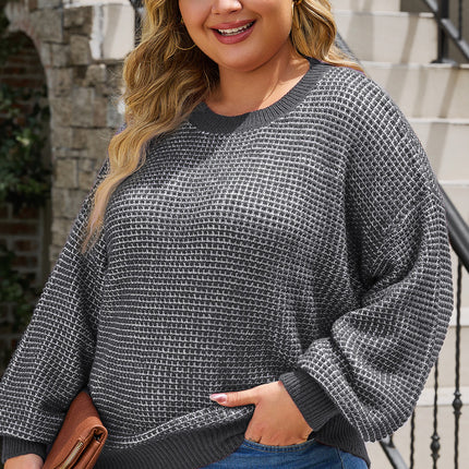 Plus Size Waffle-Knit Round Neck Dropped Shoulder Sweater