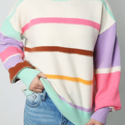 Contrast Striped Round Neck Drop Shoulder Sweater