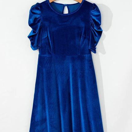 Velvet Round Neck Puff Sleeve Dress