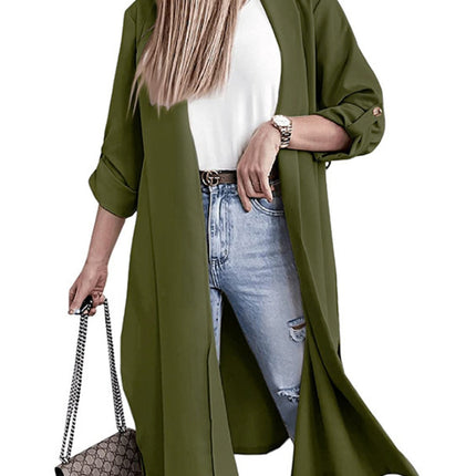 Slit Open Front Roll-Tab Sleeve Trench Coat