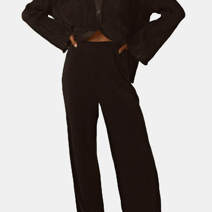 Textured Button Up Collared Neck Top and Pants Set